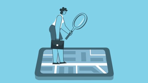 Flat businesswoman with briefcase looking through a magnifying glass in smartphone search. Flat Design Cartoon Character Isolated Loop 2d Animation