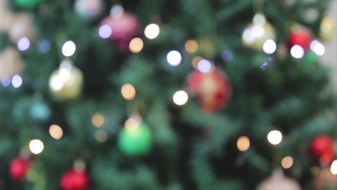  Out-of-focus Christmas background, blinking Christmas lights in out-of-focus background. Blurry decorated Christmas tree in video background