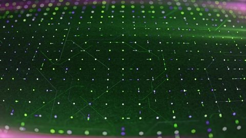 Moving energy points in computer board. Animation. Computer field with glowing dots and moving lines. Diagram with moving lines on surface of motherboard