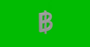 Animation of rotation of a white thai baht symbol with shadow. Simple and complex rotation. Seamless looped 4k animation on green chroma key background