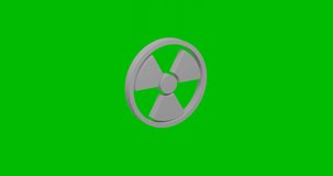 Animation of rotation of a white radiation symbol with shadow. Simple and complex rotation. Seamless looped 4k animation on green chroma key background