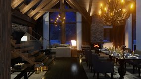 4K video rendering of cozy living room on cold winter night in the mountains, evening interior of chalet decorated with candles, fireplace fills the room with warmth. It's snowing outside the window - Powered by Shutterstock - Get 15% off with code: PIKWIZARD15