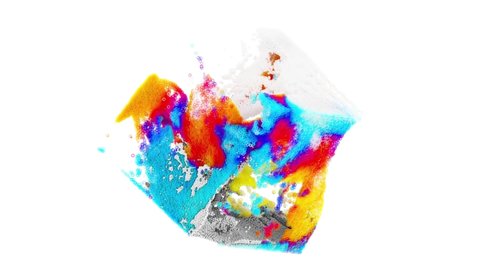 3d render of abstract art 3d animation video with surreal cube or box based on splashing liquid small balls spheres or bubbles particles in motion rainbow mixed color on isolated white back
