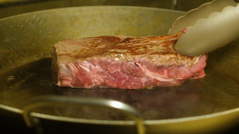 Delicious rump steak prepared in a pan at home
