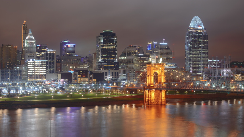 Cincinnati, Ohio, USA downtown skyline time lapse at dawn.