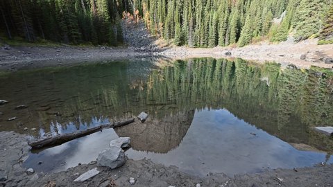 Tile Up, Mirror Lake with mountain in pine forest reflection on pond in Banff national park, Canada