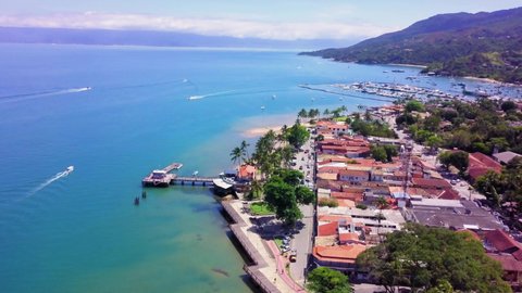 Ilhabela , Sao Paulo , Brazil - 11 16 2021: Aerial view of the historic center of Ilhabela located on the north coast of the State of Sao Paulo, Brazil.