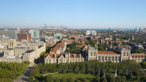 Chicago , IL , United States - 10 16 2021: Aerial Sliding Shot Tracking University of Chicago Square