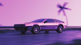 Car driving along highway. Palm alley, country road, tropical coast fast drive, trip. Retro wave, synthwave, vaporwave 80s, 90s style clip. Summer mood. Seamless loop realistic 3D Render 4K animation 