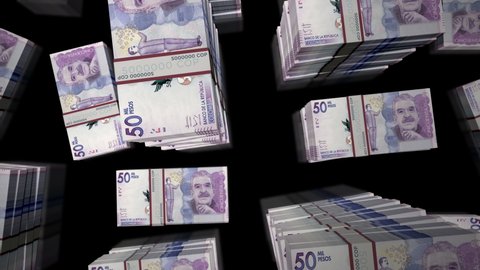 Colombia Pesos money pack loop. Flight over COP banknotes stacks top view. 3d loopable seamless animation. Abstract background concept of economy, crisis, business and finance.