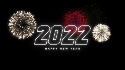 Happy New Year 2022. Firework 2022 happy New Year dark night sky background with decoration with a neon number on black background. illustration winter festival season