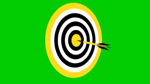 Animated black and yellow target with a dart. Concept of marketing, result, goal, win, intention, purpose. Illustration isolated on green background.
