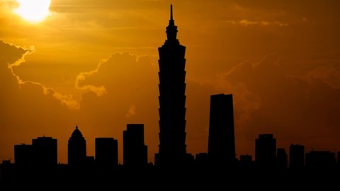 Taipei: Metropolis Skyline at Sunset, Time Lapse with Red Sun and Fiery Sky, Taiwan