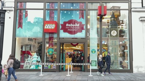 London UK  - 18th November 2021 - Lego store entrance in Leicester Square. The Lego store sells colorful building sets and bricks, figurines and toys.