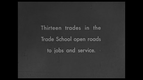 1940s: Caption reads "THIRTEEN TRADES IN THE TRADE SCHOOL OPEN ROADS TO JOBS AND SERVICES." Caption reads "AUTOMOBILE MECHANICS." Men work on cars and parts in garage.