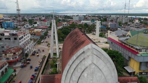 Pucallpa Peru Plaza de armas church aerial 4k view