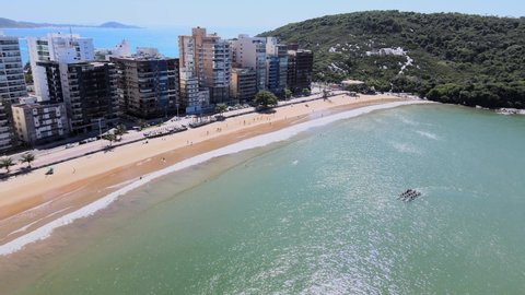 Drone image on a sunny morning at Praia do Morro, in the background Muquiçaba and Aeroporto neighborhood in Guarapari in the state of Espírito Santo Brazil.