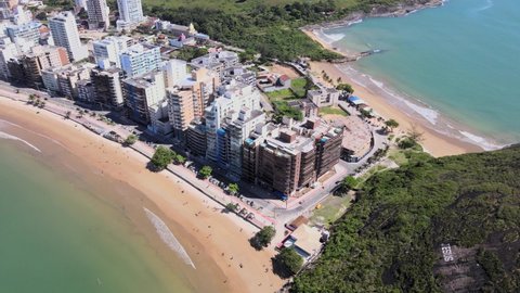 Drone image on a sunny morning at Praia da Cerca, in the background Condomínio Aldeia da Praia in Guarapari, Espírito Santo State, Brazil.