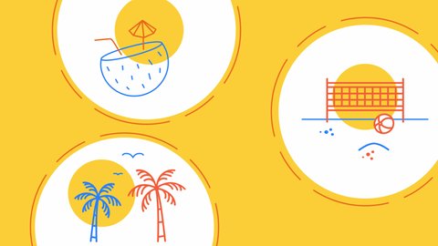 4k video of beach activities icons on yellow background.