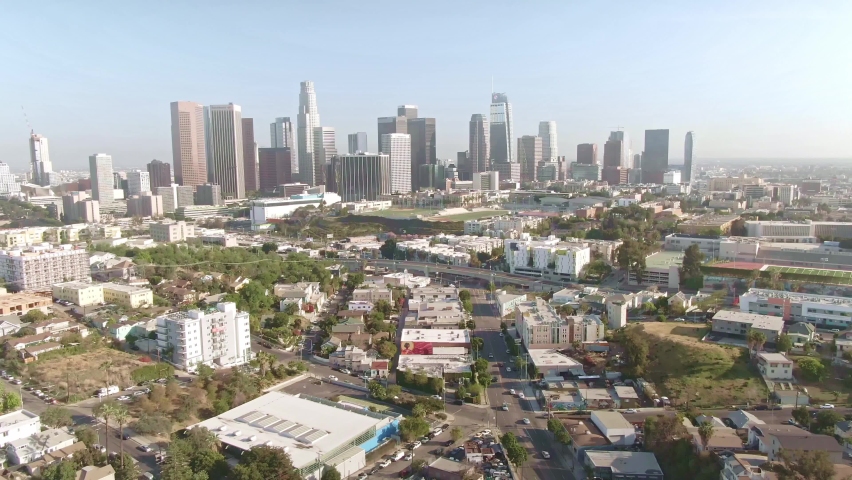 LOS ANGELES, CA, USA - Feb 15, 2021: 
Aerial view Los Angeles downtown, Echo park lake. California urban life, travel destination in America, urban life in USA. Drone 4k. 