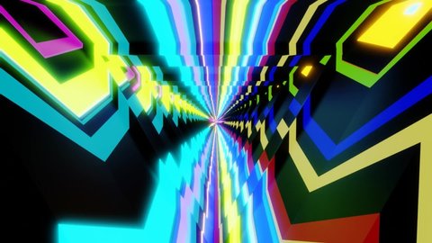 Multicolored neon flickering triangular tunnel. Glowing Seamless loop VJ HD background.