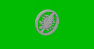 Animation of rotation of a white stop coronavirus symbol with shadow. Simple and complex rotation. Seamless looped 4k animation on green chroma key background