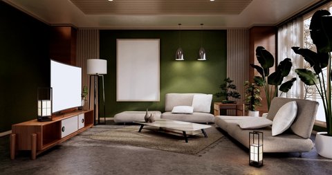 Interior,Living room modern minimalist has sofa and cabinet,plants,lamp on green wall and granite tiles floor.3D rendering