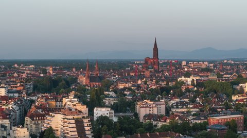 Establishing Aerial View Shot of Strasbourg Fr, capital of European Union, Bas-Rhin, France, Cathedral Notre Dame de Strasbourg in the morning