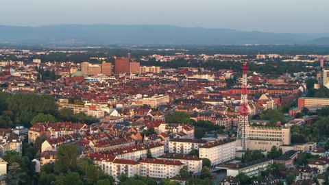 Establishing Aerial View Shot of Strasbourg Fr, capital of European Union, Bas-Rhin, France, city in the morning