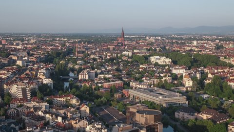 Establishing Aerial View Shot of Strasbourg Fr, capital of European Union, Bas-Rhin, France, wonderful Notre Dame de Strasbourg