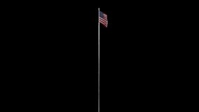 USA flag waving on a pole very far at 45 degree animation without background. Seamless loop animation of the American flag on a flagpole. Animated flag of United States of America no background.