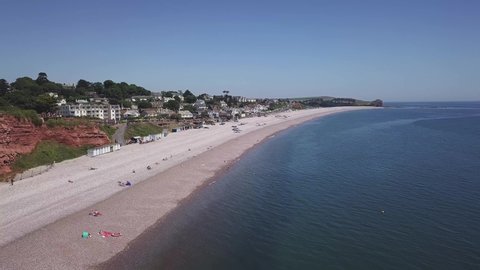 An aerial view of the beautiful pebble beaches of Budleigh Salterton, a small town on the Jurassic Coast in East Devon, England near Exeter.