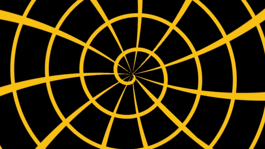 Colored graphic object in the shape of concentric circles, on a minimal black background, which rotates clockwise reducing the size from full screen to zero, then returns to full screen Royalty-Free Stock Footage #1082982130