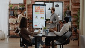 Team of multi ethnic workmates doing presentation in office. Business people with face mask working on project planning and marketing strategy, doing teamwork during covid 19 pandemic. - Powered by Shutterstock - Get 15% off with code: PIKWIZARD15