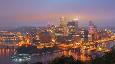 Pittsburgh, Pennsylvania, USA skyline from the South Side at dusk.