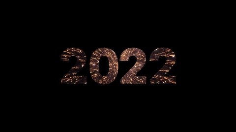 New year 2022 neon light brightly glowing. Firework 2022 happy New Year dark night sky background with decoration with a neon number on black background. 4K Video.