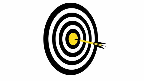 Animated black and yellow target with a dart. Concept of marketing, result, goal, win, intention, purpose. Illustration isolated on white background.