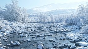 Aerial view on the river and forest at the winter time. Natural winter landscape from air. Forest under snow a the winter time. Landscape from drone - Powered by Shutterstock - Get 15% off with code: PIKWIZARD15