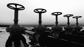 Petroleum Pipes with valves over a large sea of black oil. A black and white video clip with a dark horizon with slow dolly movement.