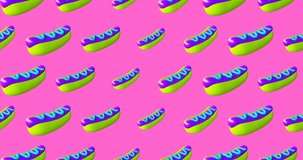 Minimal motion 3d art. Creative animal print hot dog seamless animation pattern.Food, health, fast food funny vegan concept. Video can be used as vertical banner and square
