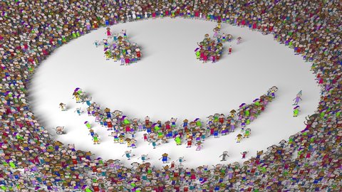 The crowd of characters forms the shape of a smile. Funny cartoon characters, animation is looped in the first and last 50 frames, includes a channel for changing the background color.