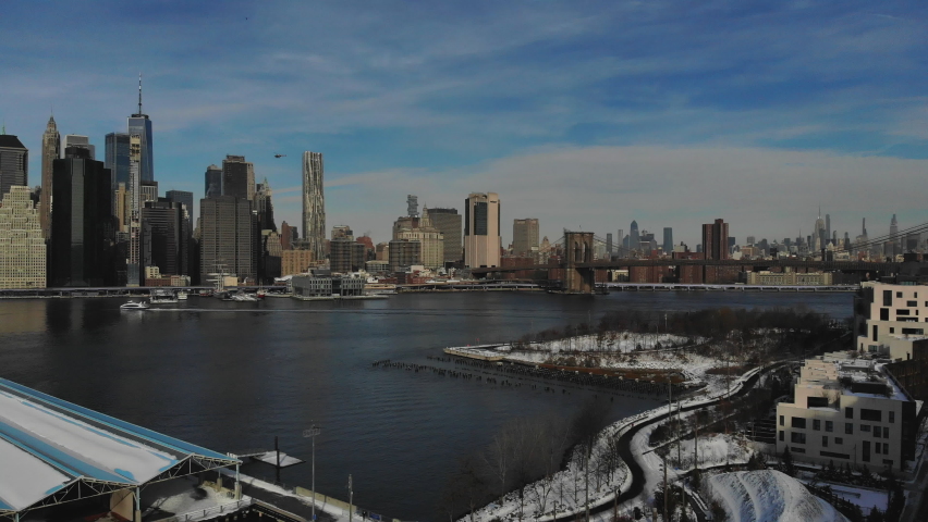 20 February 2021 New York NY USA: Aerial view to Brooklyn Bridge in winter Manhattan New York City to across the Hudson river