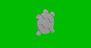 Animation of rotation of a white turtle symbol with shadow. Simple and complex rotation. Seamless looped 4k animation on green chroma key background