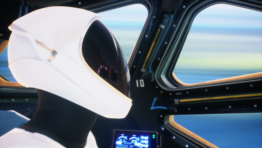 An astronaut controls a spaceship flying through the universe at warp speed. The concept of space travel through deep space using wormhole. Animation ideal for sci-fi, space or fantasy backgrounds.