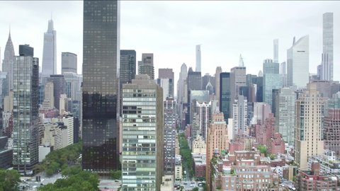 NEW YORK CITY, USA - Nov 21, 2021: Aerial view downtown New York city. skyscrapers, street road in downtown NYC. Drone 4k. Urban life, modern city in America. office buildings, apartments in Manhattan