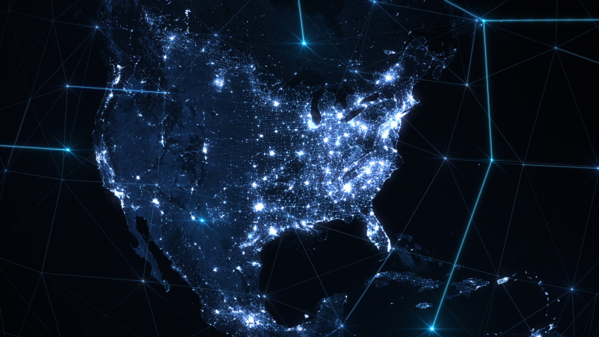 Digital Grid Over Planet Earth at Night. Global Computer Network  North America, United States. Futuristic Technology, Internet Of Things, Satellite Signals, Telecommunications. | Shutterstock HD Video #1083018319