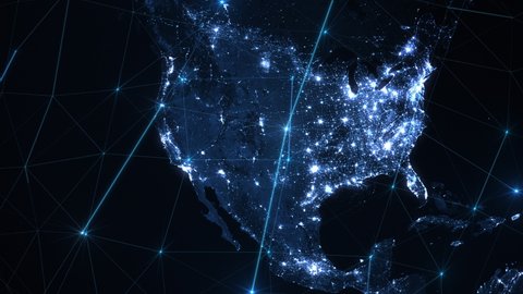 Digital Grid Over Planet Earth at Night. Global Computer Network  North America, United States. Futuristic Technology, Internet Of Things, Satellite Signals, Telecommunications.