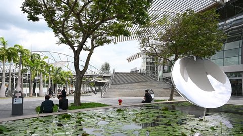 Singapore - 28th November 2021: Lotus are floating on a man made pond in the city of Singapore.