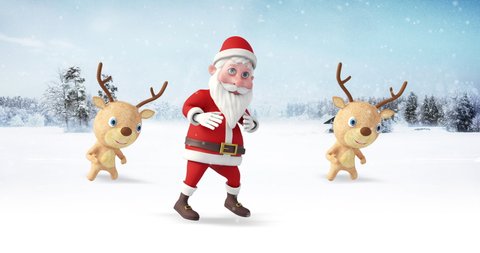Santa Clause And His Reindeers Dancing At The North Pole. Snowy Day. Christmas, Noel And New Year Related 3D Animation.