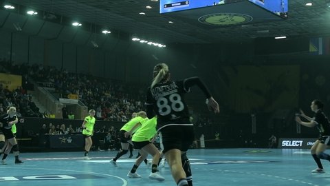 Rostov-on-Don, Russia - October 23, 2021: Handball game Rostov-Don vs Borussia Dortmund, 20202021 Women's EHF Champions League - Main Round, 4k High Quality Video